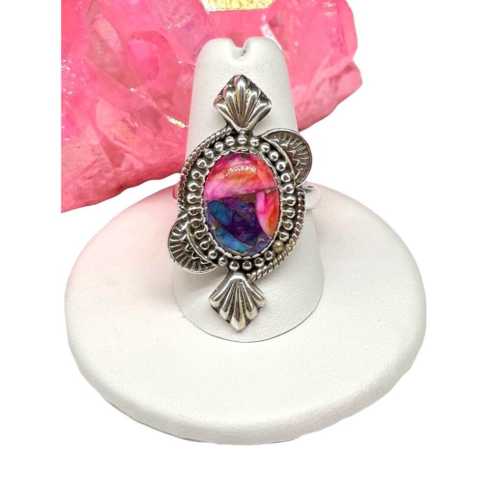 Kingman Pink Dahlia Turquoise Ring 925 Sterling Silver Adjustable Size 7 - 9